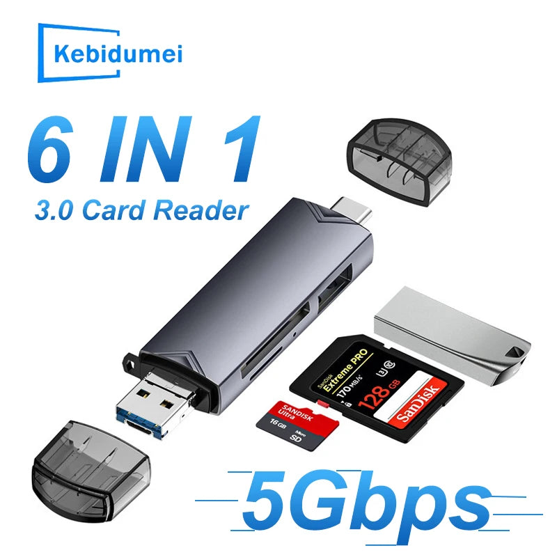6-in-1 USB 3.0 Type-C Card Reader – SD TF OTG Up to 2TB USB Card Reader PRIMED