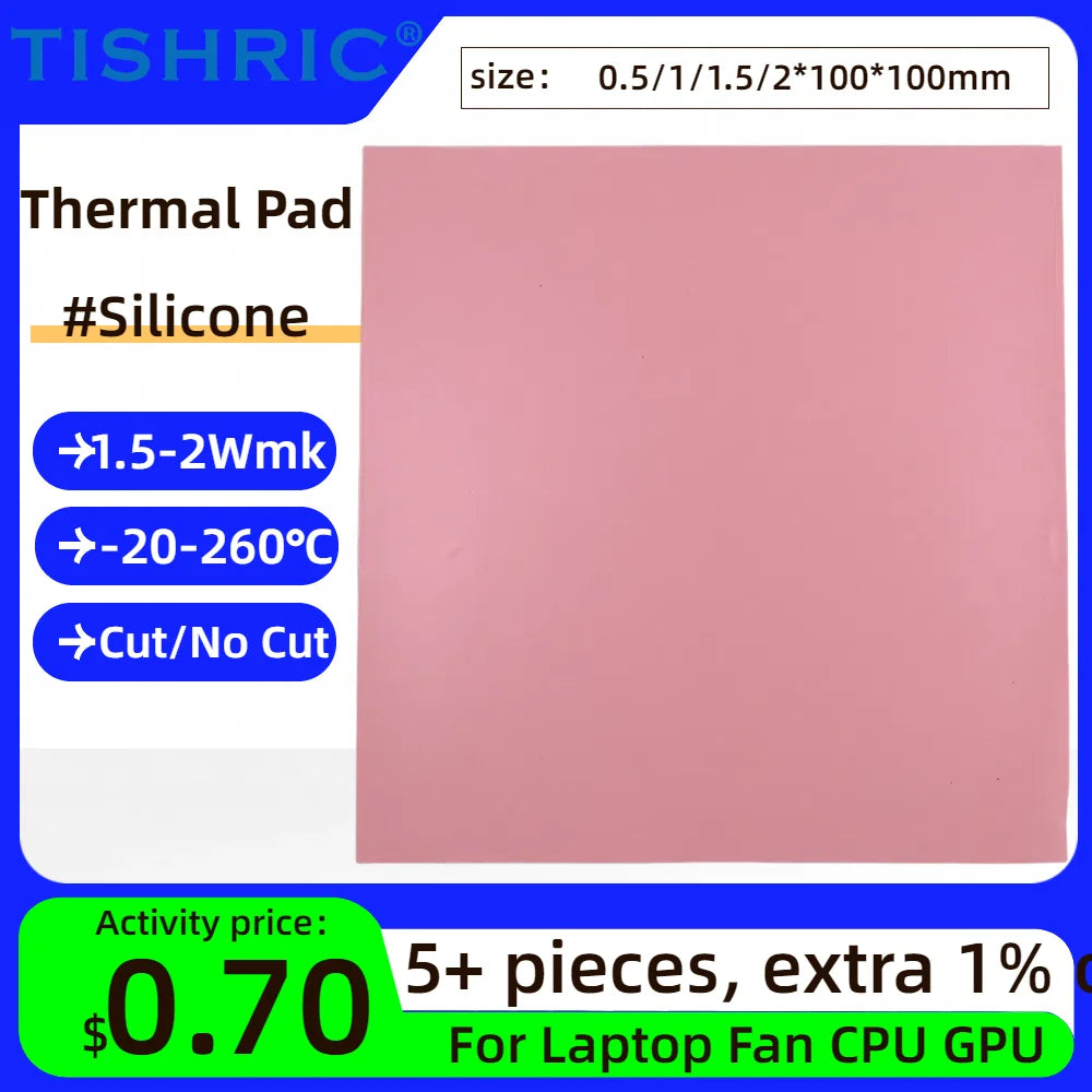 TISHRIC Silicone Thermal Pad CPU GPU 0.5–2mm | 100×100mm Sheet Thermal Pad PRIMED