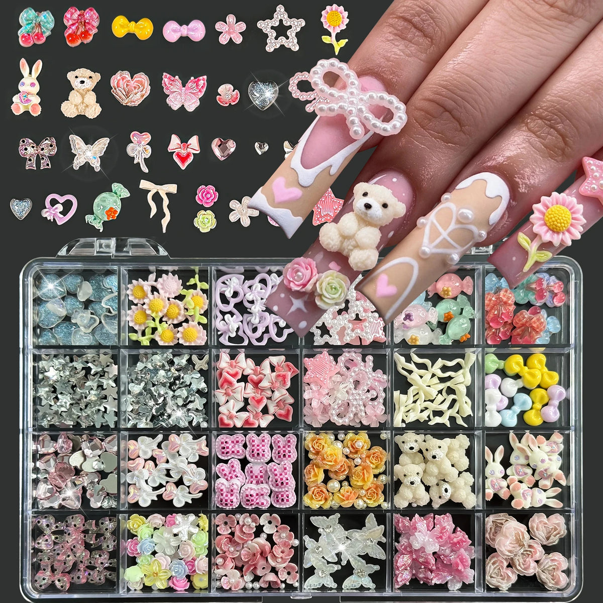 3D Nail Art Charms Box 24 Grids – Sunflowers, Bows & Hearts Nail Art Charms PRIMED