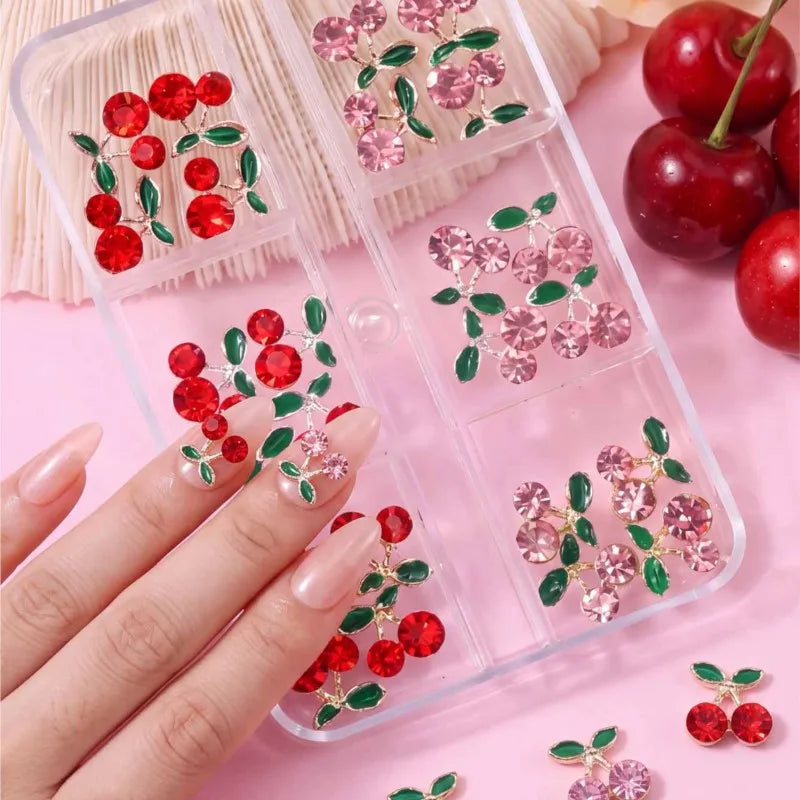24Pcs Cherry Nail Rhinestones Red Pink Crystal Zircon Art Gems Nail Art Rhinestones PRIMED