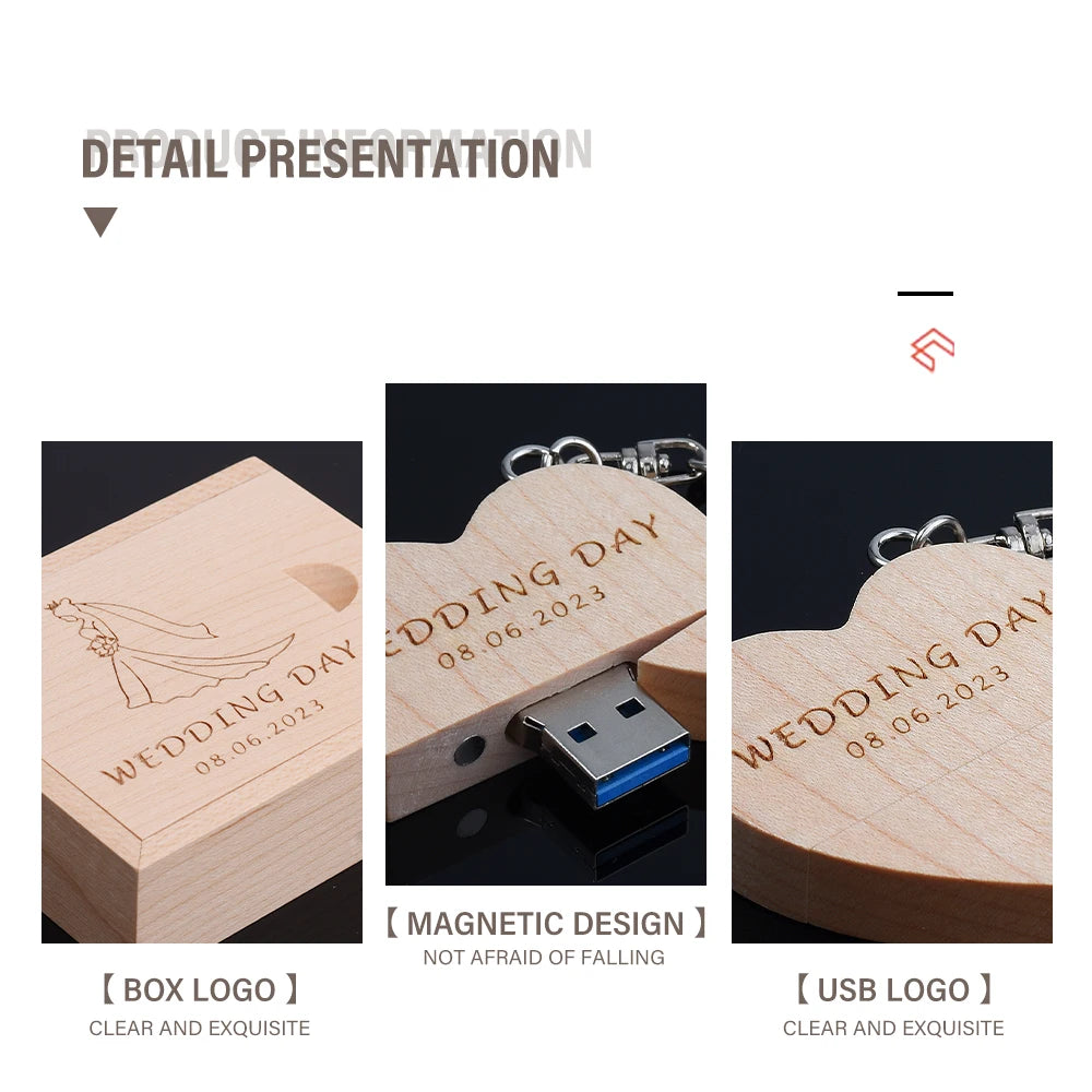 Heart Wooden USB Flash Drive 32GB/64GB – Custom Laser Engraved Custom USB Flash Drive PRIMED