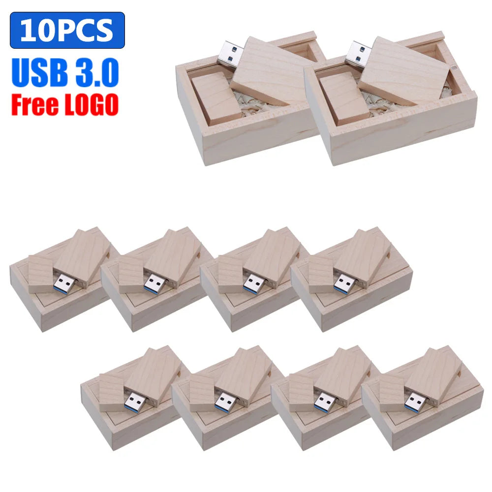 10-Pack Bamboo USB 3.0 Flash Drives | Free Custom Logo Engraved Custom USB Flash Drive PRIMED 4GB Maple with box