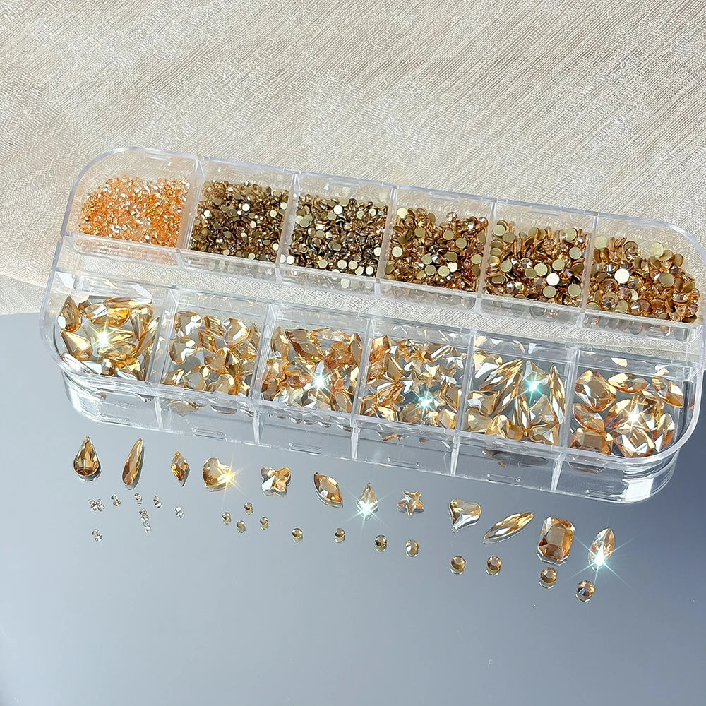 12-Grid Nail Rhinestones Set – Mixed Shape Glass Crystals Nail Art Rhinestones PRIMED 02