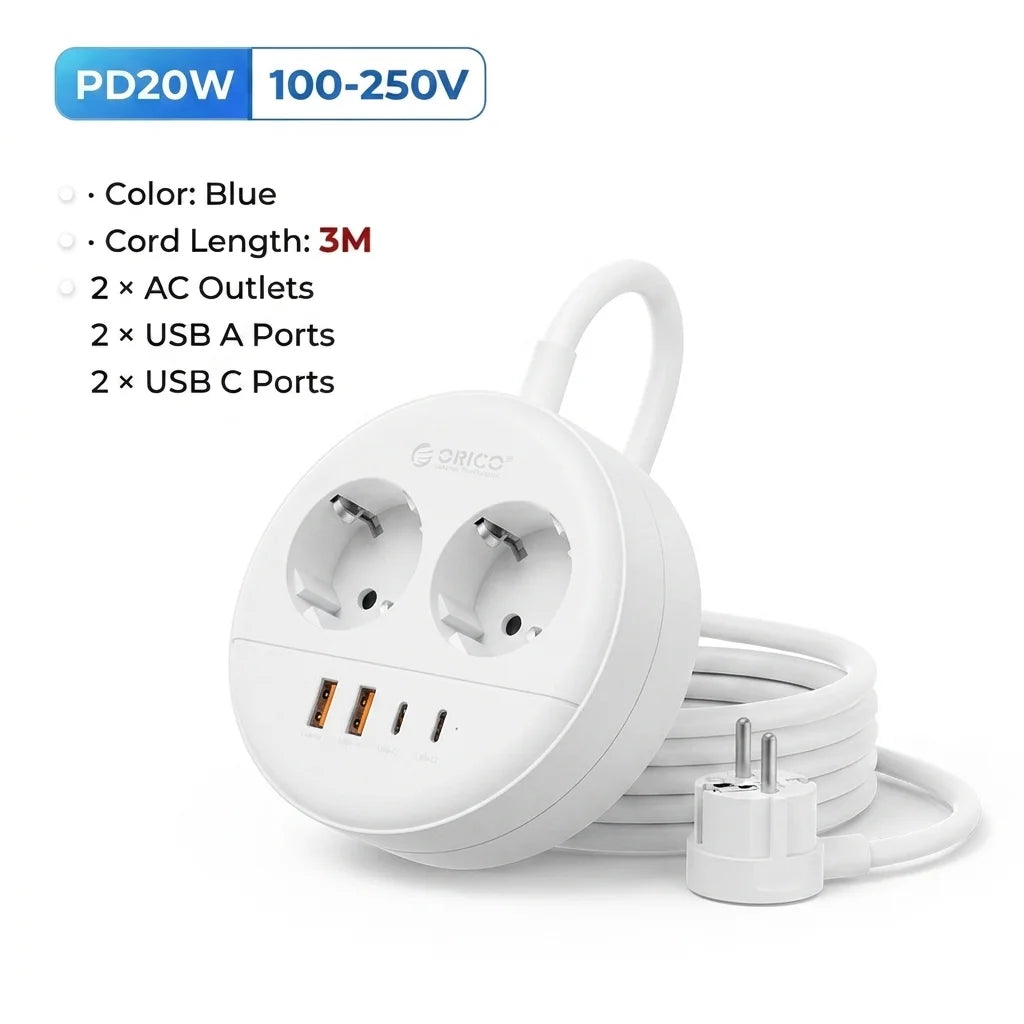 ORICO Desktop Round Power Strip PD20W USB-C USB-A EU Plug Desktop Power Strip PRIMED 3M 2A2U2C White China Mainland EU Plug