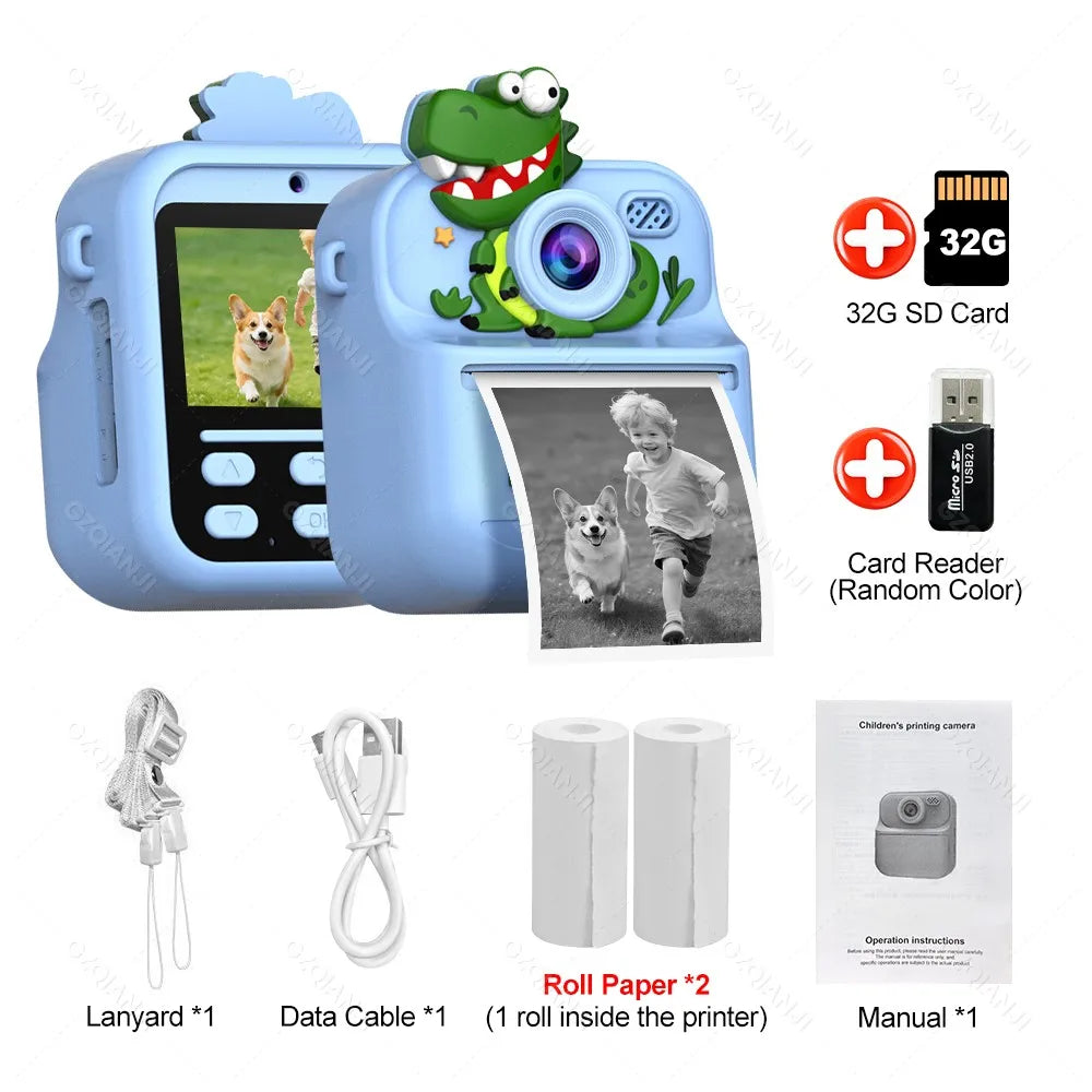 Kids Instant Print Camera 1080P HD Dual Lens 58mm Thermal Printer Kids Instant Camera PRIMED Add 32G SDCard