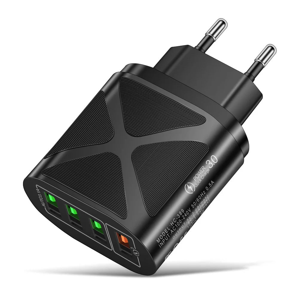 Quick Charge 3.0 4-Port USB Wall Charger | EU US UK Plug USB Wall Charger PRIMED Black EU