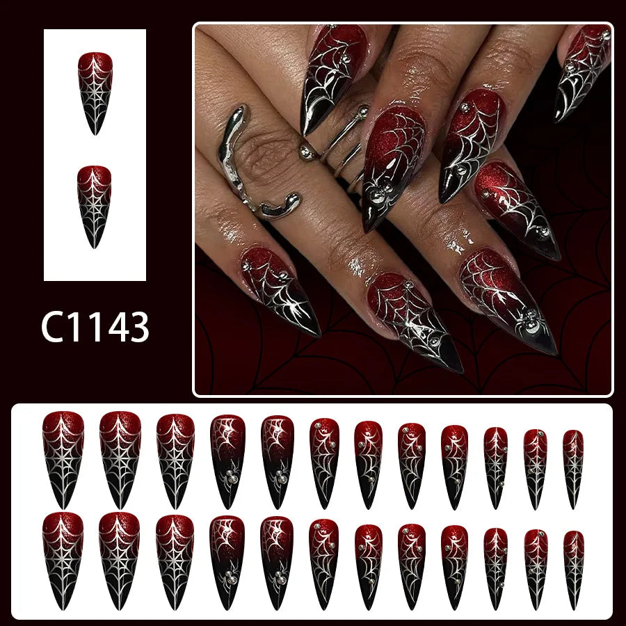 Halloween Spider Web Press-On Nails Dark Red Long Tips 24 Pcs