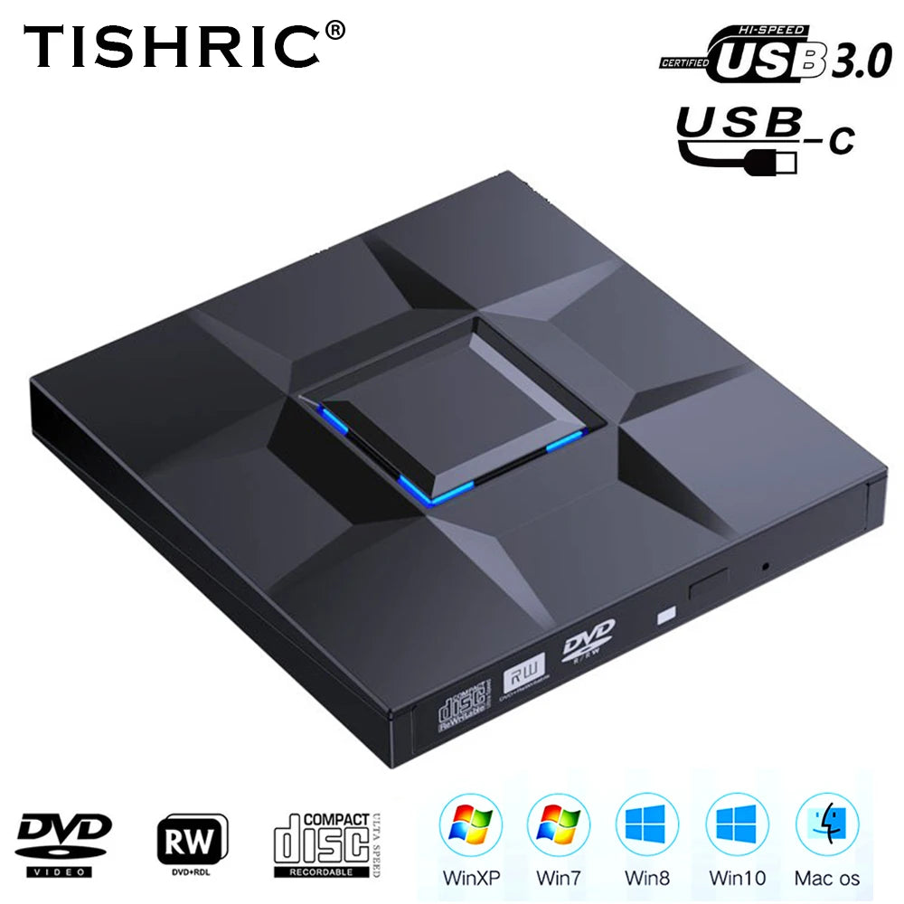 TISHRIC External DVD Drive USB-C USB 3.0 CD DVD Burner External Optical Drive PRIMED China Mainland