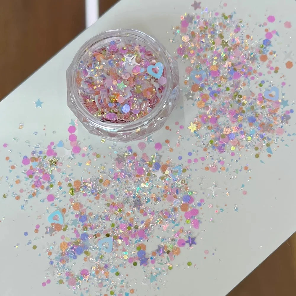 Aurora Nail Glitter Sequins Powder – Heart & Star Sparkle Nail Glitter Powder PRIMED