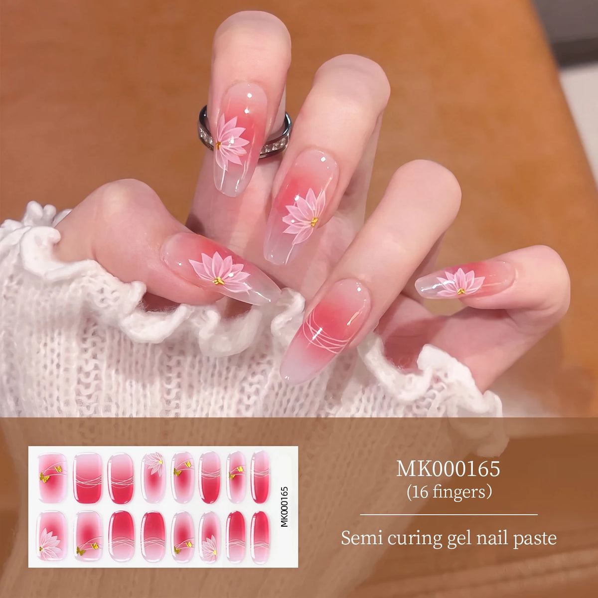 Pink Lotus Semi Cured Gel Nail Strips – Gold Foil 16 Tips