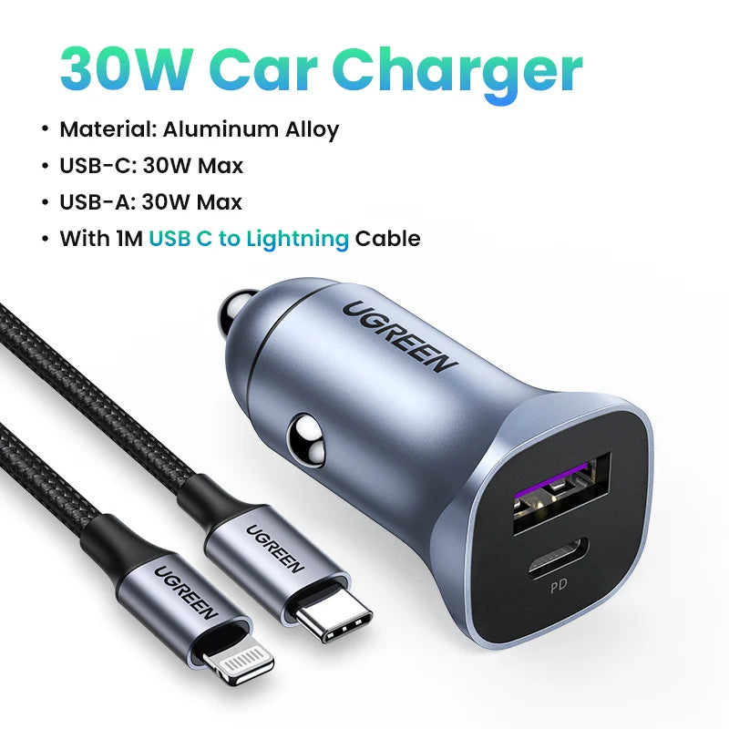 UGREEN 30W Dual Port Car Charger QC 4.0 USB-C Fast Charging Car Charger PRIMED Add Cable for iPhone Russian Federation