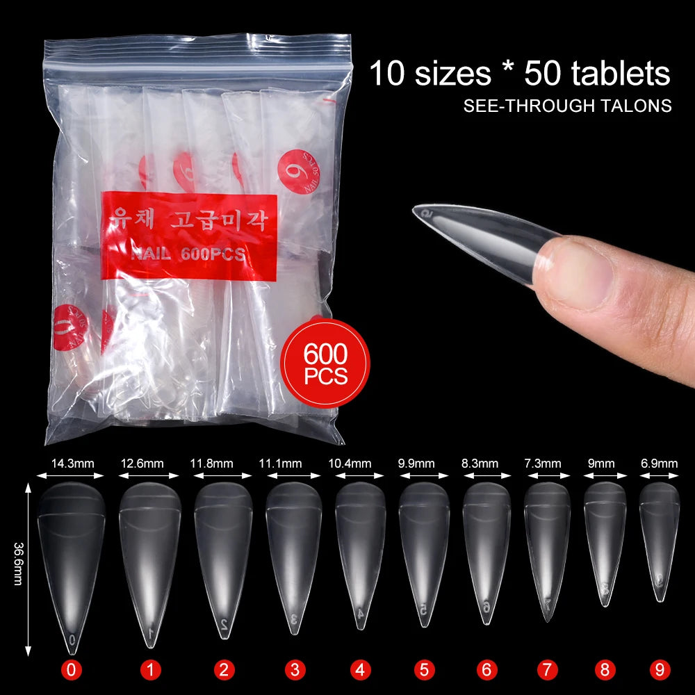 600pcs Stiletto Claw False Nail Tips Clear & Natural | Sizes 0–9