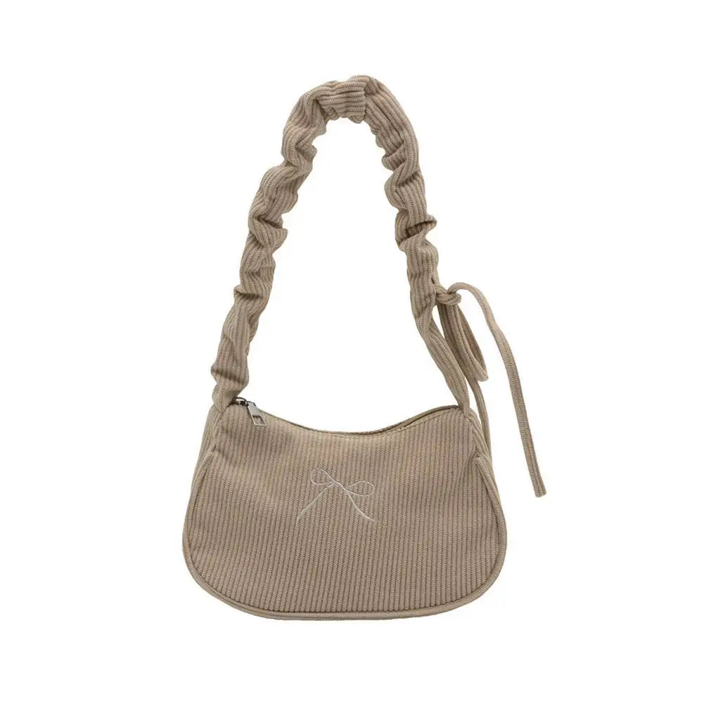 Women's Corduroy Ruched Shoulder Bag | Bow Accent Hobo Purse Shoulder Bag PRIMED Khaki