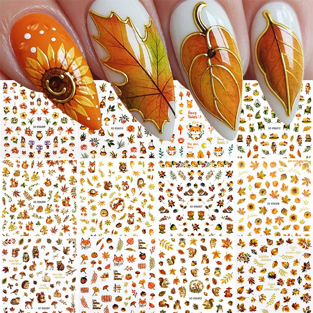 12-Pc Bronzing Autumn Nail Stickers – Pumpkin, Owl & Maple Leaf Nail Art Stickers PRIMED