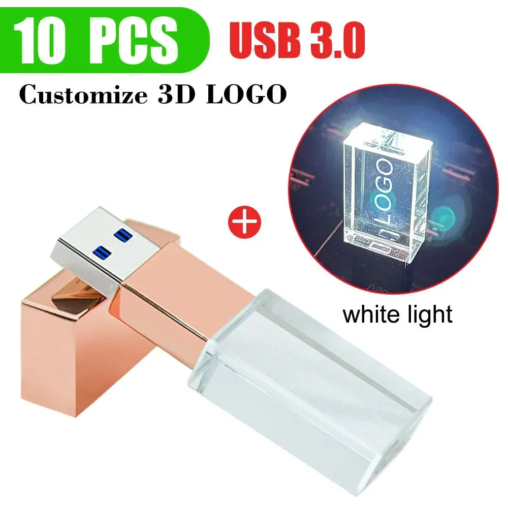 10-Pack Crystal 3D USB 3.0 Flash Drives | Free Engraved Logo USB Flash Drive PRIMED 8GBx10pcs rose gold- white led