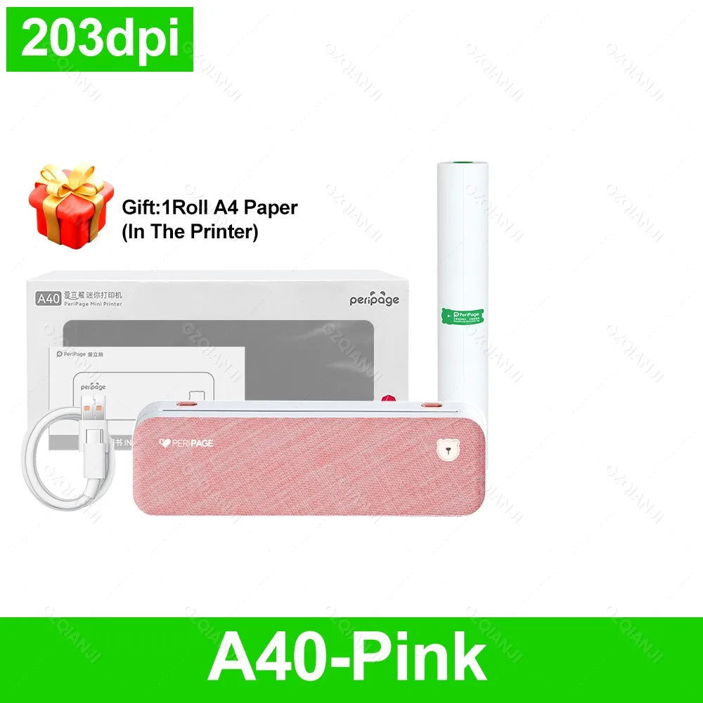 PeriPage A40 Portable Wireless Thermal A4 Printer Bluetooth Portable Thermal Printer PRIMED 203Pink Printer