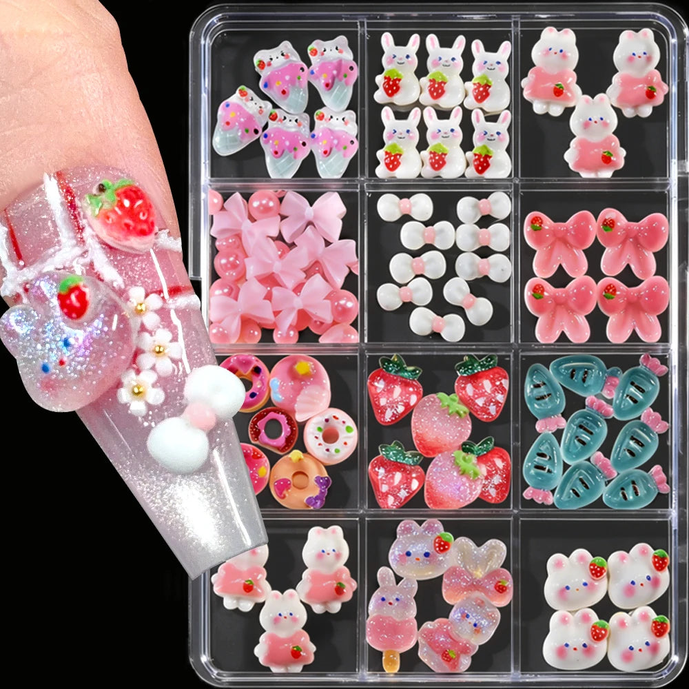 12-Grid 3D Nail Charms – Crystal Rabbit, Bow & Fruit Set Nail Art Charms PRIMED