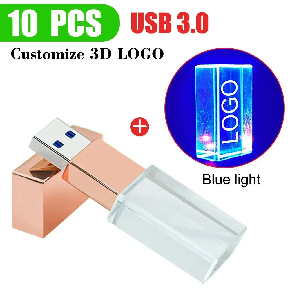 10-Pack Crystal 3D USB 3.0 Flash Drives | Free Engraved Logo USB Flash Drive PRIMED 8GBx10pcs rose gold- blue led