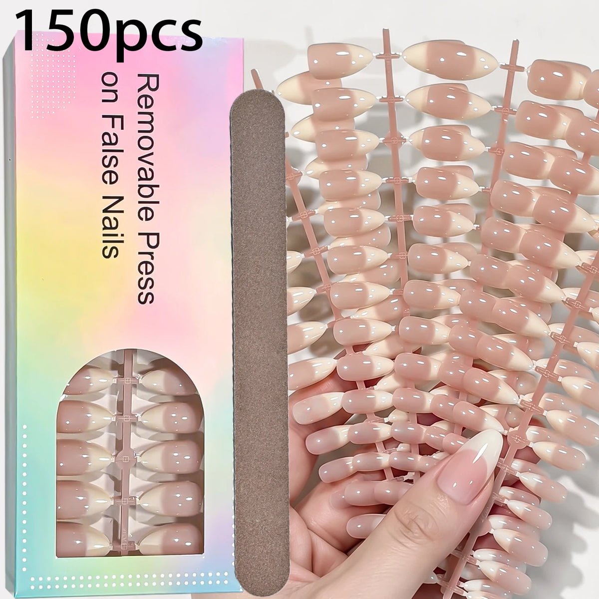 150Pcs Nude Pink Press On Nails – Glossy Almond French Tips