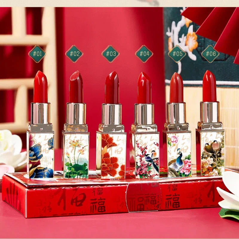 Chinese Style Lipstick Gift Set 6pcs – Moisturizing Red Lip Color Lipstick Gift Set PRIMED