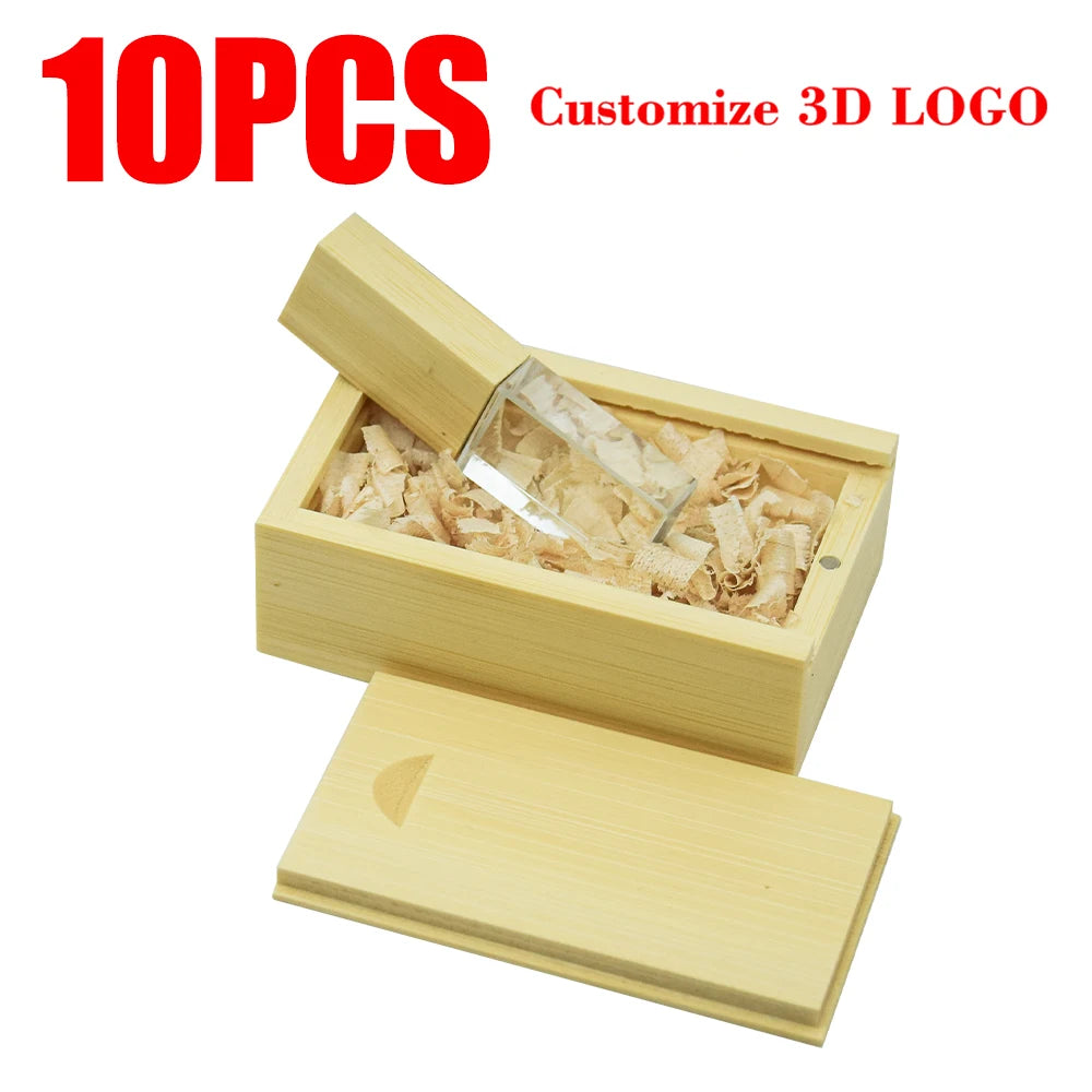10-Pack Crystal USB 2.0 Flash Drives | Custom Logo 4–128GB USB Flash Drive PRIMED 32GBx10pcs Bamboo and box