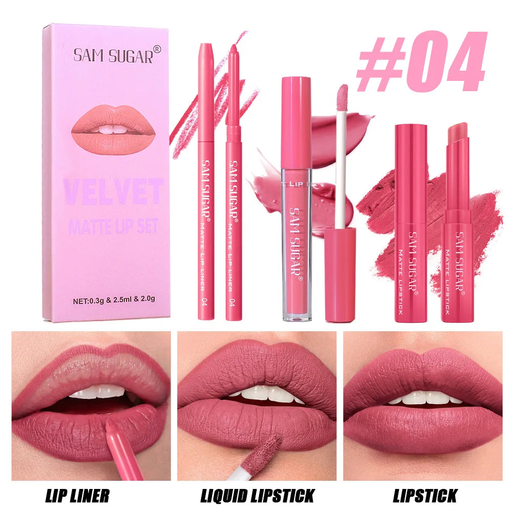 SAM SUGAR 3-in-1 Matte Lip Kit | Long-Lasting Waterproof Set