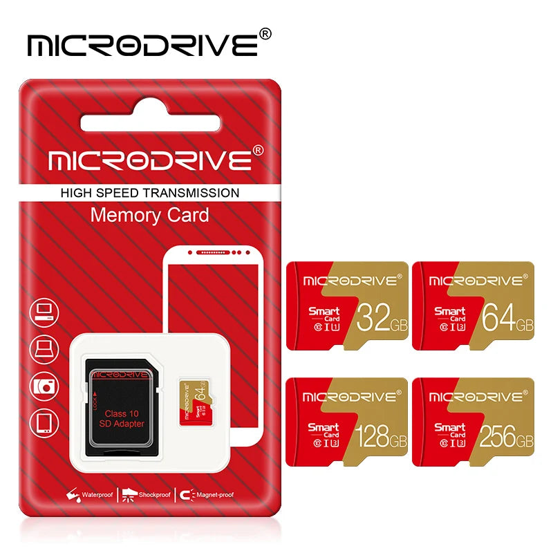 MicroDrive Micro SD Card 4–256GB Class 10 U3 V30 + Adapter Micro SD Card PRIMED