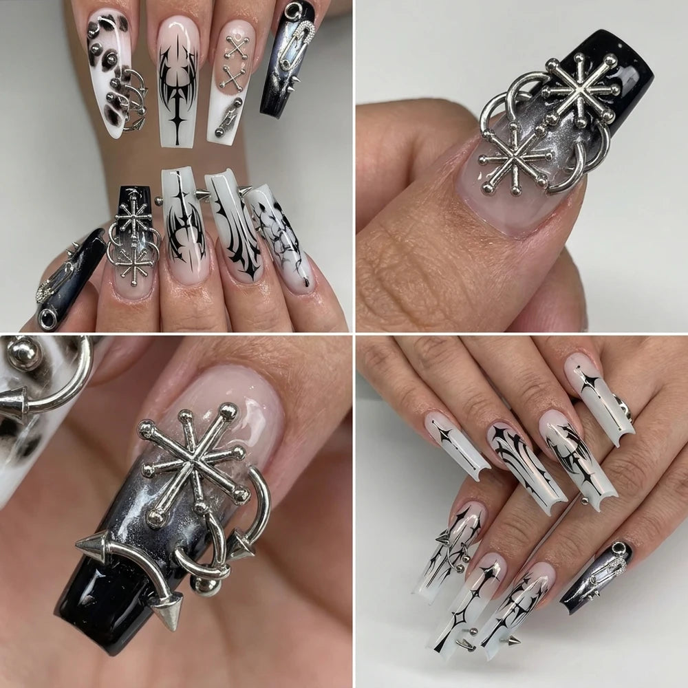 12-Grid Punk Metal Rivet Nail Charms – 3D Stars & Rings Set Nail Art Charms PRIMED