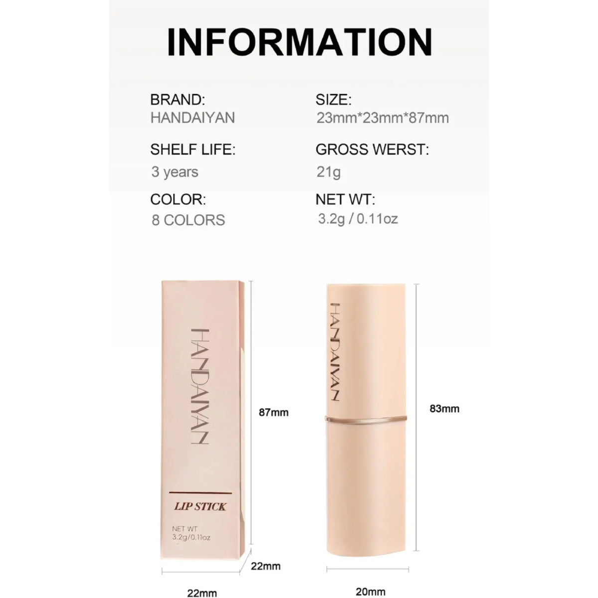 Handaiyan Matte Velvet Lipstick – Waterproof, 8 Colors Matte Lipstick PRIMED