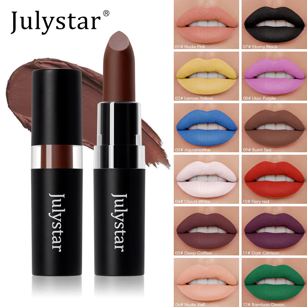 Julystar 12 Colors Matte Lipstick – Waterproof Bold Shades Matte Lipstick PRIMED