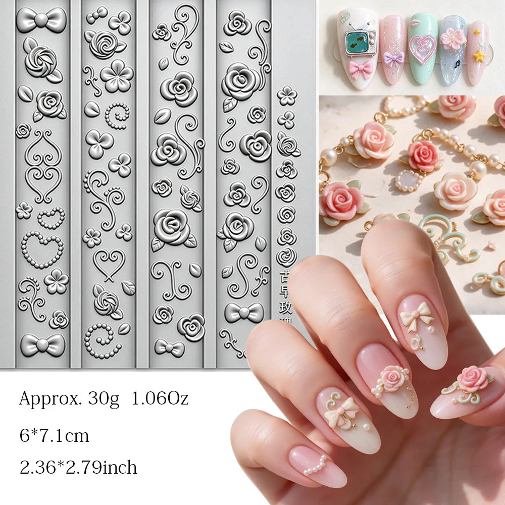Silicone Nail Charm Mold – Layered Rose Embossed DIY Manicure