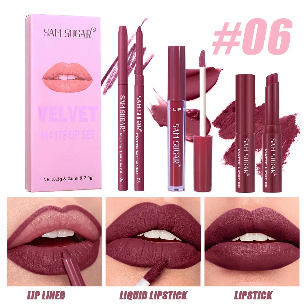 SAM SUGAR 3-in-1 Matte Lip Kit | Long-Lasting Waterproof Set
