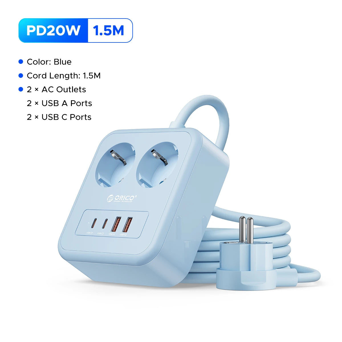 ORICO Desktop Power Strip PD 20W USB-C Fast Charging EU Plug Desktop Power Strip PRIMED 1.5M 2A2U2C Blue China Mainland EU Plug