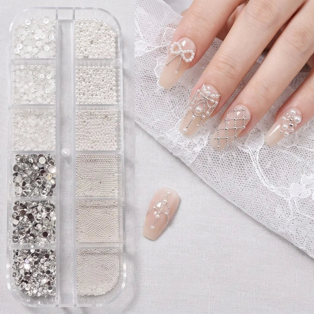 12-Grid Nail Rhinestone Kit – 3D Crystal Gems & Caviar Beads Nail Art Kit PRIMED A