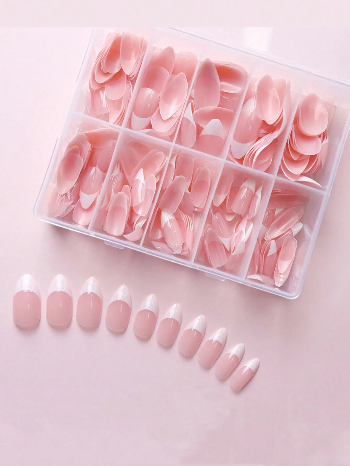 360-Piece Glossy Press On Nails – Pink French Almond Tips Box