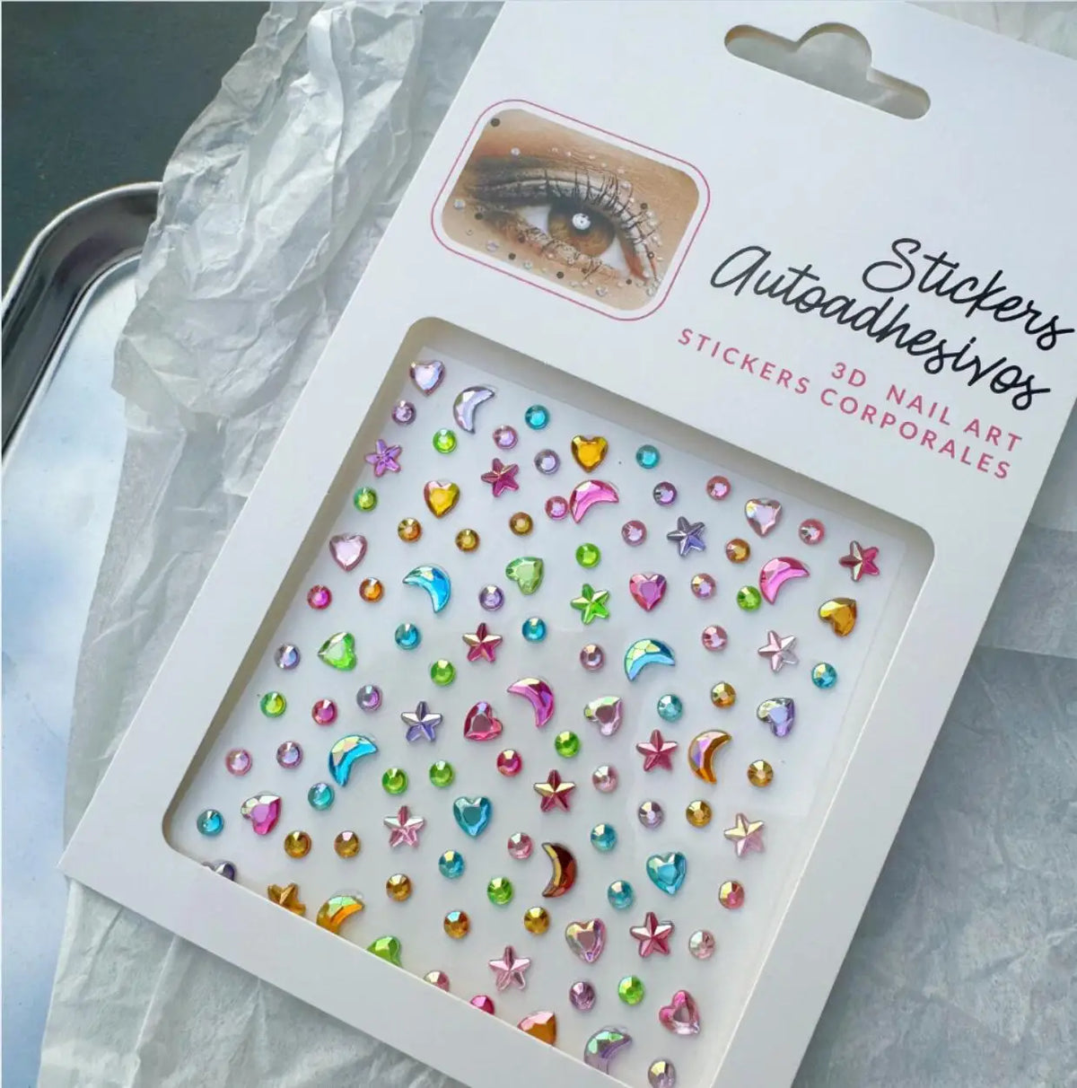 Iridescent Star Moon Face Gem Stickers – Rhinestone 2 Sheets Body Art Stickers PRIMED