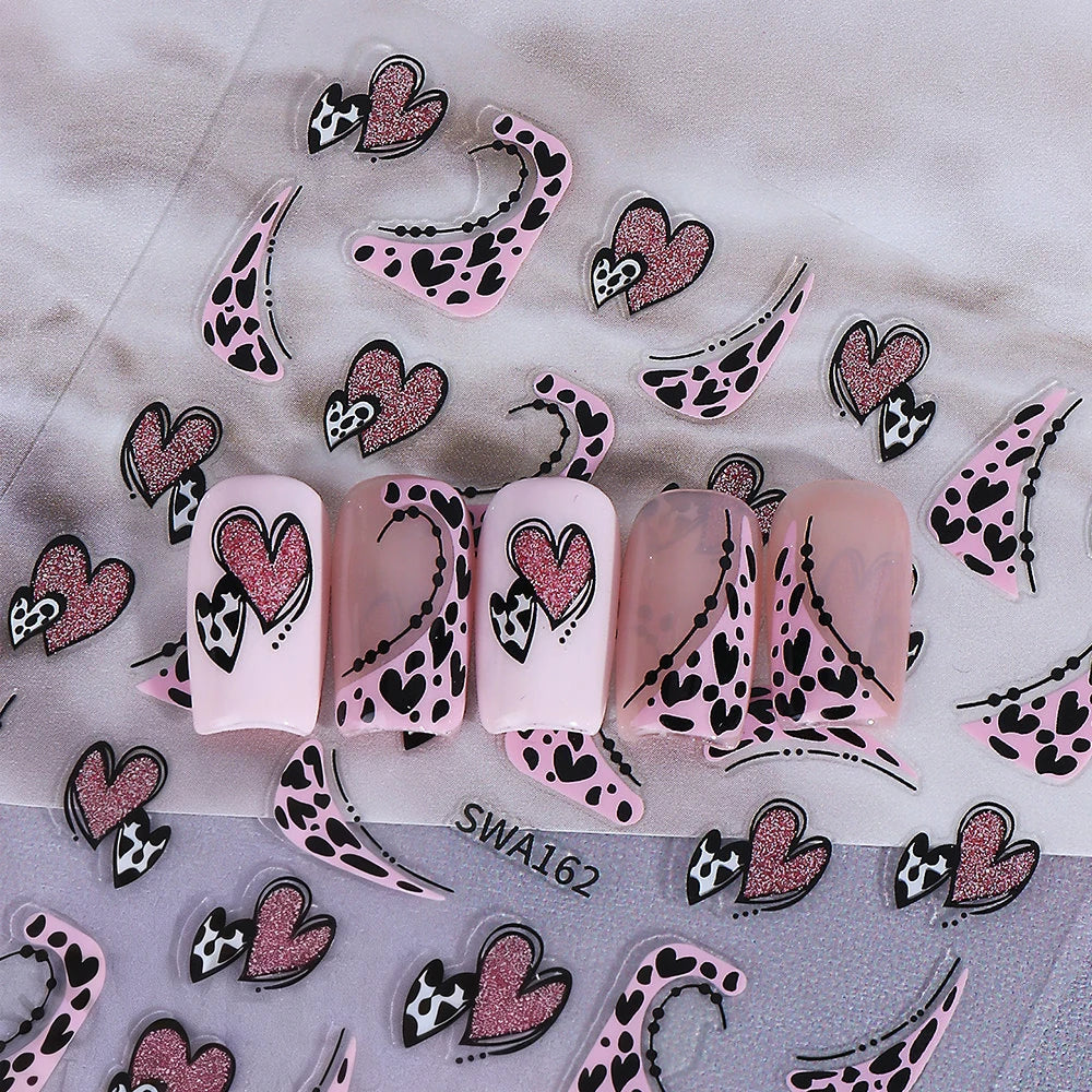 Retro Leopard Heart Glitter Nail Art Stickers | French Design