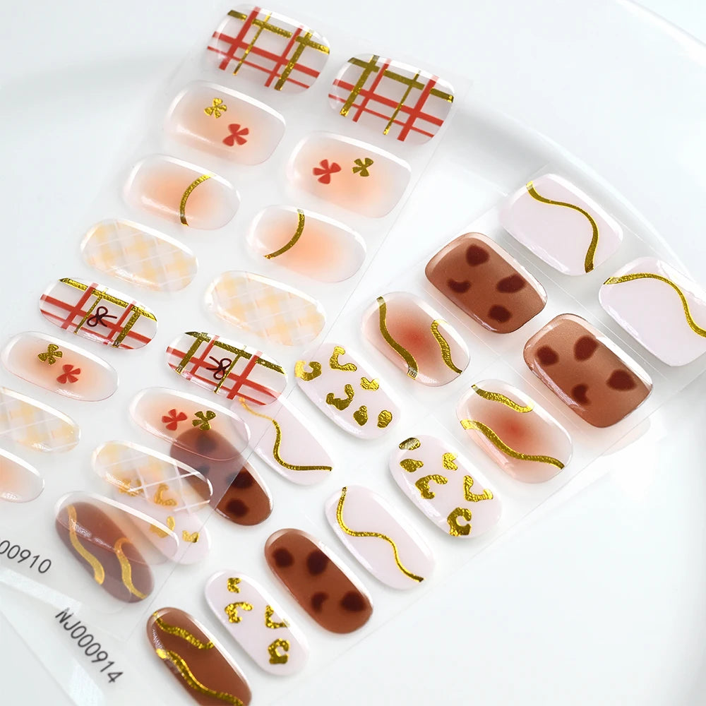 5D Semi-Cured Gel Nail Stickers – Golden Embossed Rabbit Pink Purple Gel Nail Stickers PRIMED