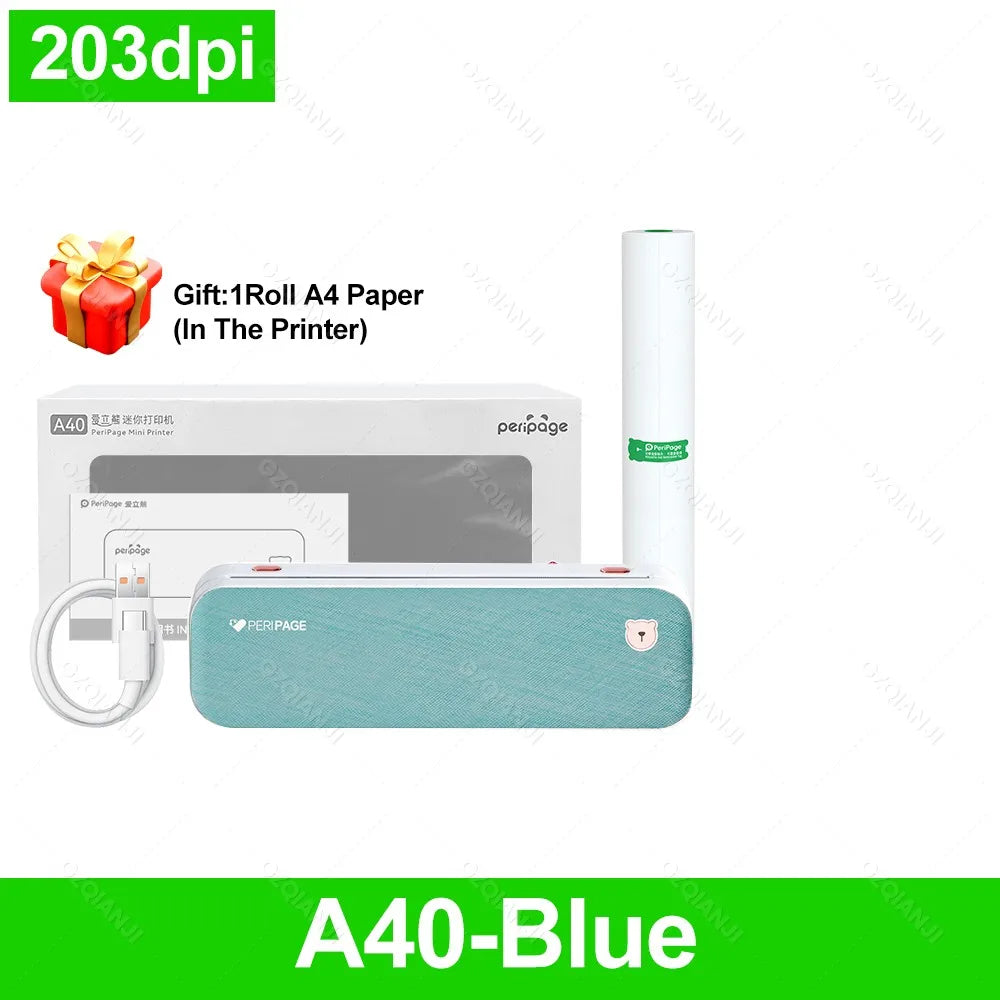 PeriPage A40 Portable A4 Bluetooth Thermal Printer + Case Portable Thermal Printer PRIMED 203Blue Printer