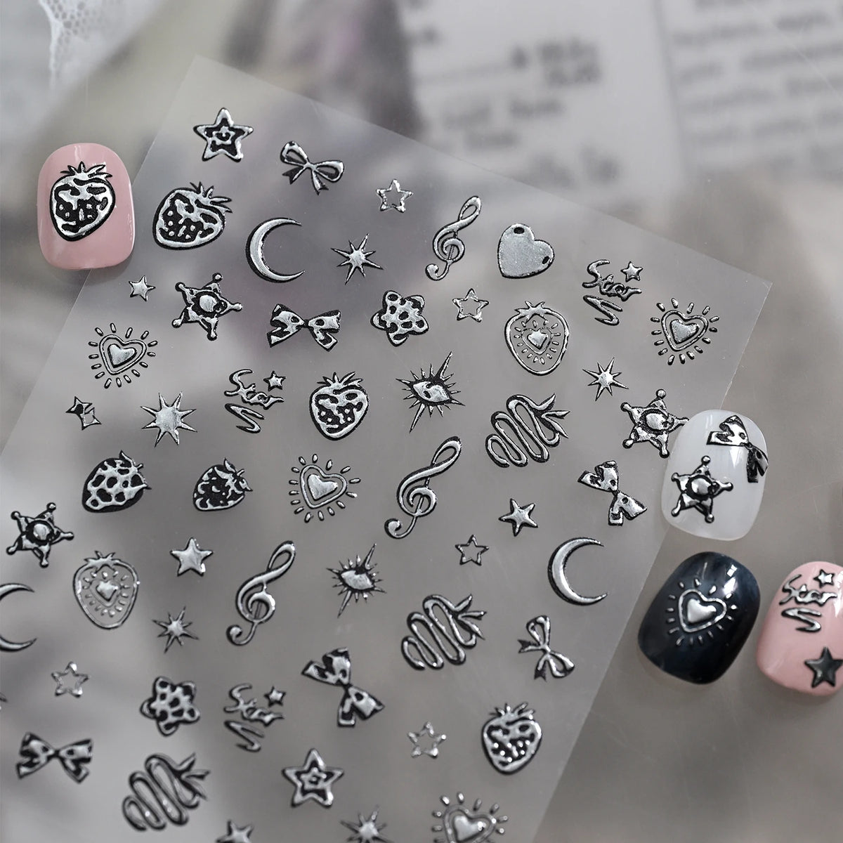 Punk Gothic Nail Art Stickers – Stars, Moon & Strawberry Decals