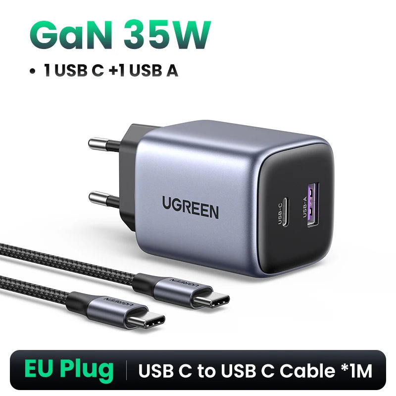 UGREEN 35W GaN Fast Charger USB-C PD & USB-A Dual Port GaN Wall Charger PRIMED EU Add PD60W Cable uzbekistan
