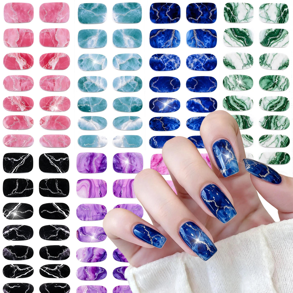 Shimmer Diamond Marble Full Cover Nail Gel Stickers – 16 Tips