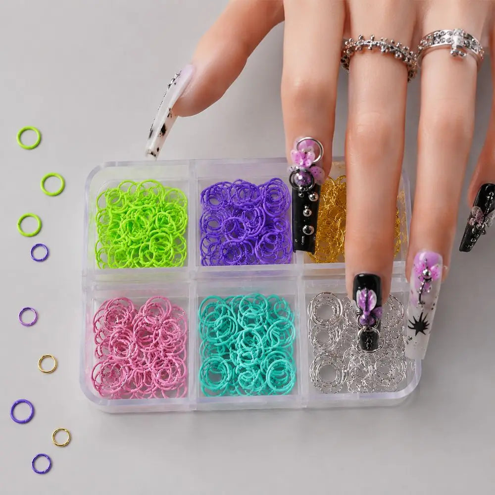 Punk Nail Charms 6-Grid Set – Open Jump Rings & Metal Loops Nail Art Charms PRIMED