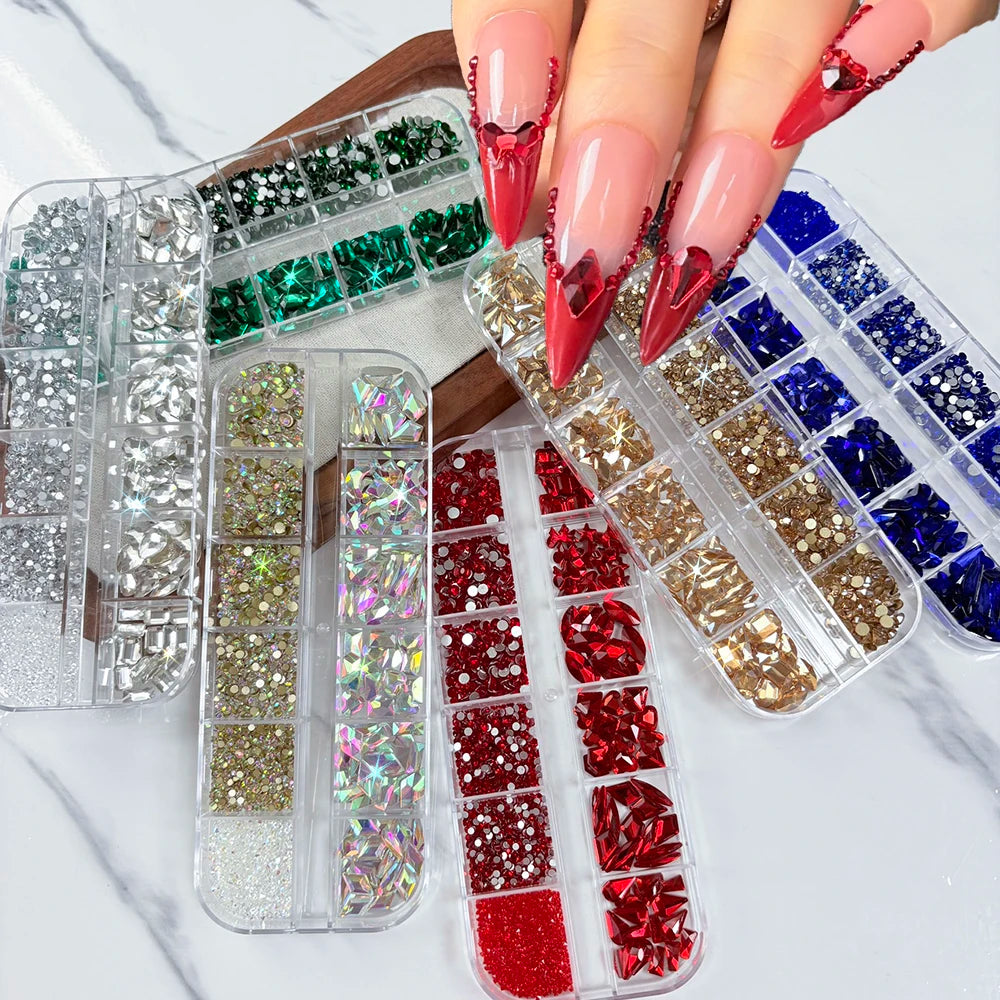12-Grid Mixed Nail Rhinestones – Hearts, Gems & Sparkle Nail Rhinestone Set PRIMED