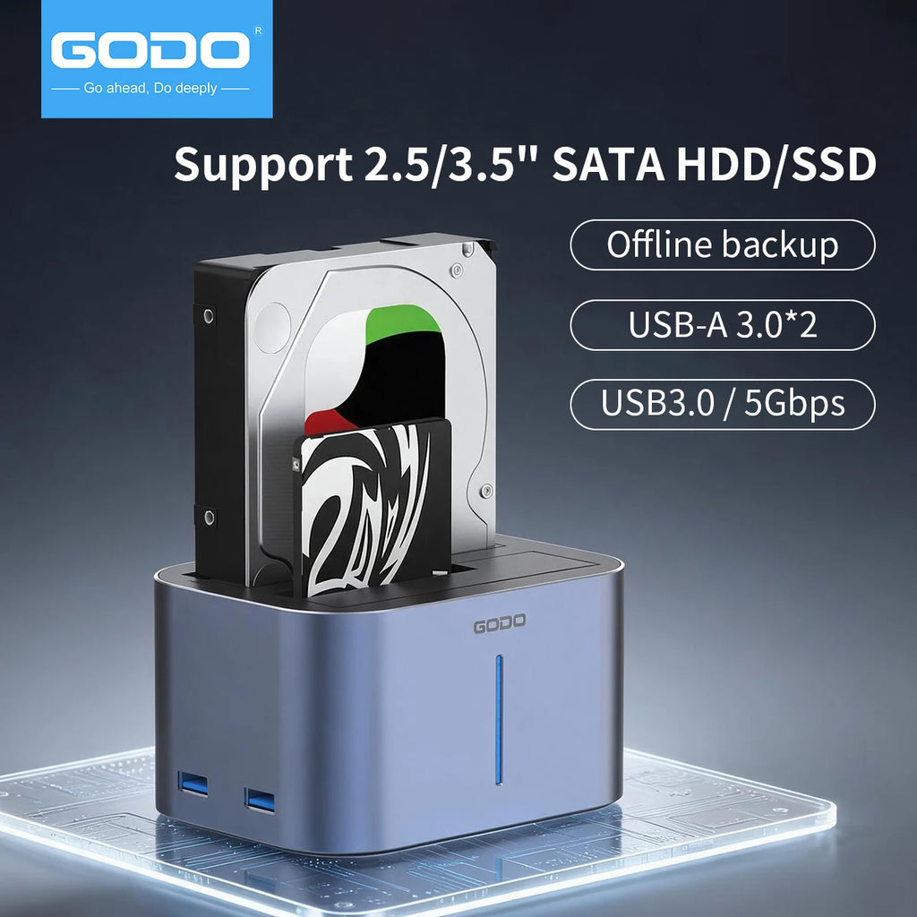 GODO Dual Bay HDD Docking Station SATA USB 3.0 Offline Clone HDD Docking Station PRIMED