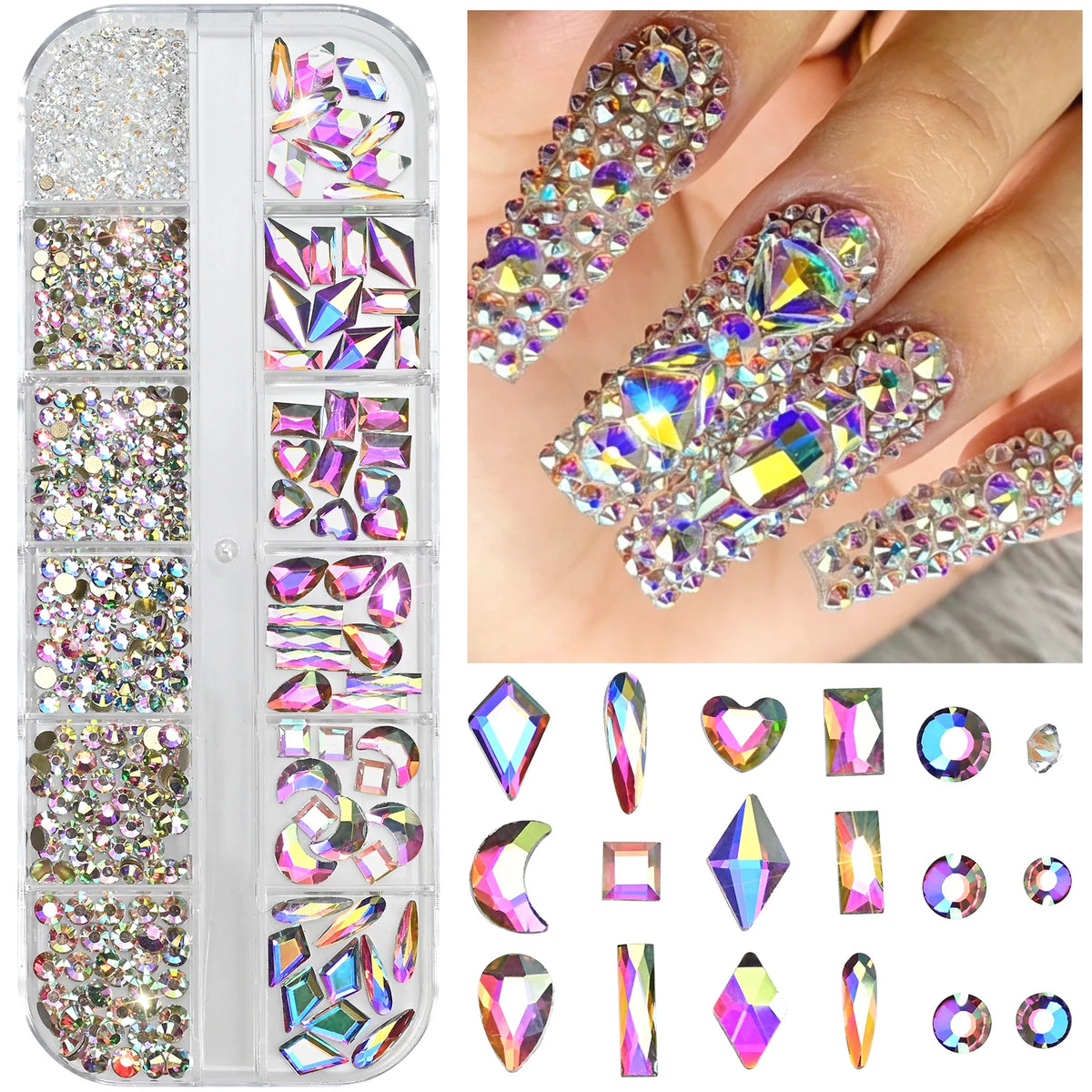 12-Grid Iridescent AB Nail Rhinestones – Mixed Glass Gems Box Nail Art Rhinestones PRIMED