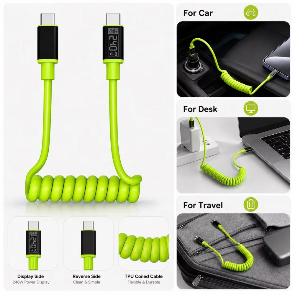 USB-C to USB-C 240W Spring Fast Charging Cable | 1m & 2m USB-C Charging Cable PRIMED