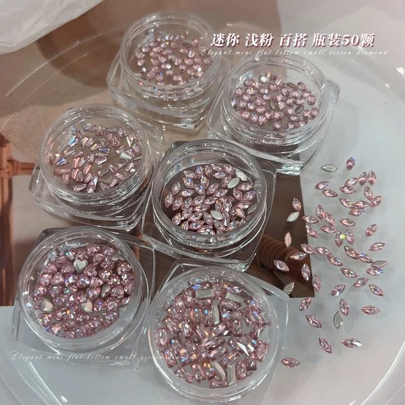 50Pcs Pink Zircon Nail Rhinestones Heart & Oval Manicure Charms Nail Art Rhinestones PRIMED