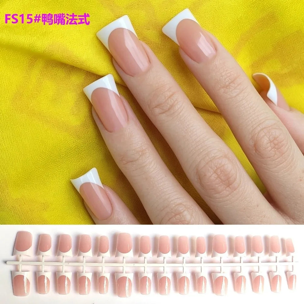French Duckbill Press-On Nails White Pink Y2K Style 30 Pcs