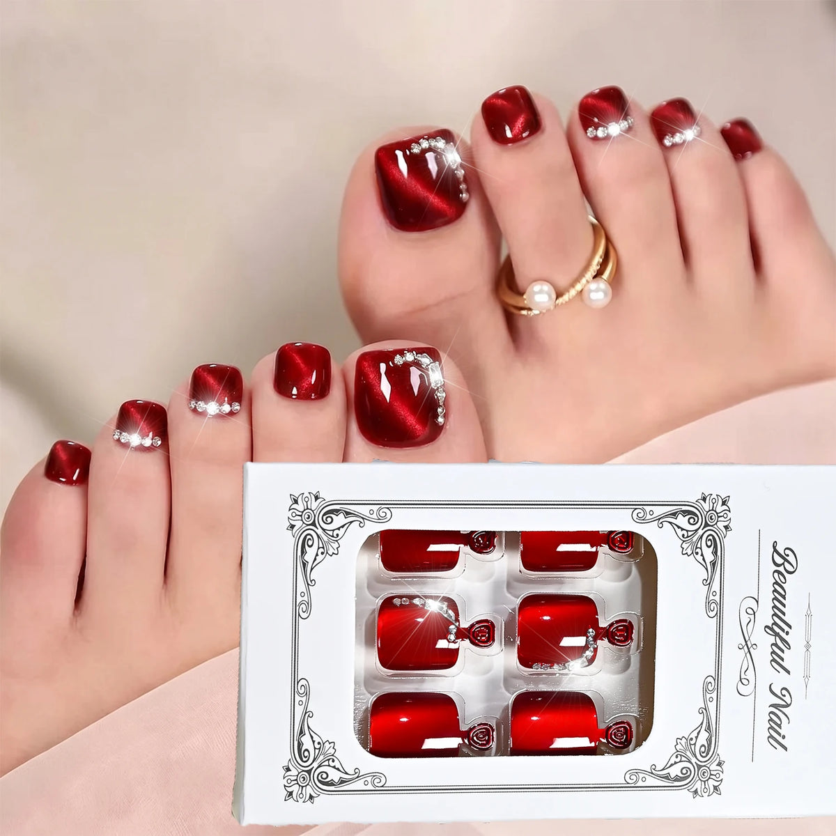 24Pcs Dark Red Cat's Eye Press-On Toenails | Glitter Tips